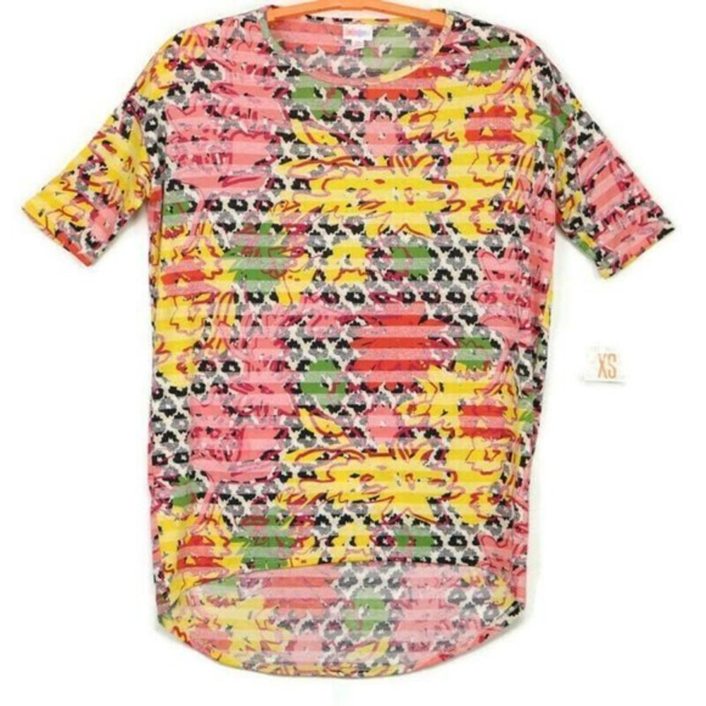 LuLaRoe Irma Shirt T-Shirt Top Tunic Yellow Pink Green Orange Black‎ Floral XS
